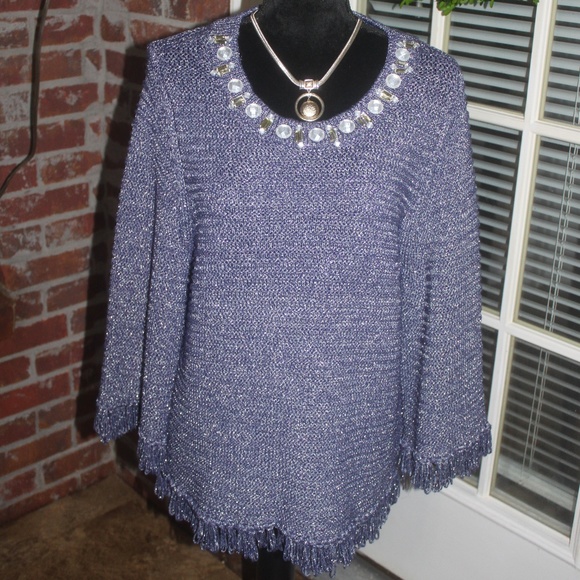 RUBY RD. NAVY BLUE SILVER BEADED NECKLINE PULL OVER FRINGE SWEATER 1X EUC - Picture 1 of 5